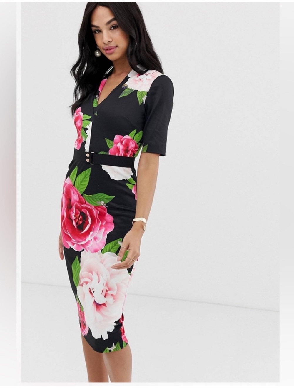 Ted Baker Black Midi Dress with Bold Pink Floral Print - Picture 3 of 5